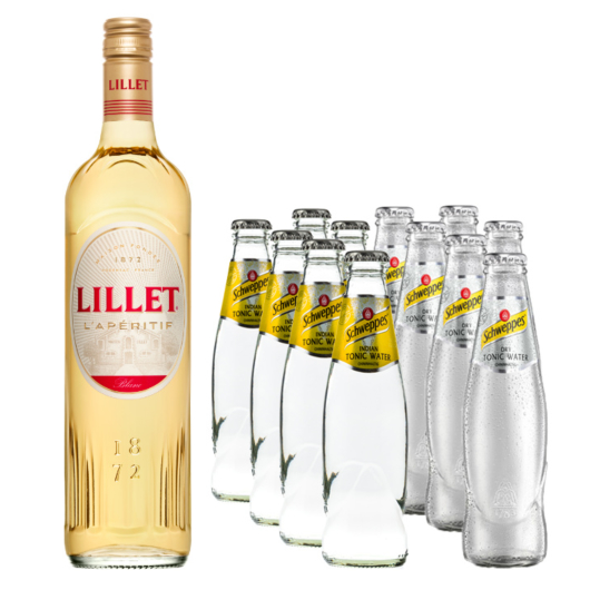 Lillet Vive Set: Lillet Blanc (17 % Vol, 0,75l) + 6 x Schweppes Indian Tonic + 6 x Schweppes Dry (je 0,2l) inkl. 1,20 € Pfand