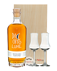 Marzadro Geschenk-Set Grappa Stravecchia Le Diciotto Lune / 41 % vol / 0,7 l & 2 Kelch-Gläser in Holzkiste