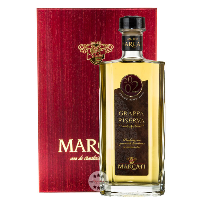Marcati Grappa Riserva Jahrgang 2002 / 40 % Vol. / 0,5 Liter-Flasche in Holzkiste 