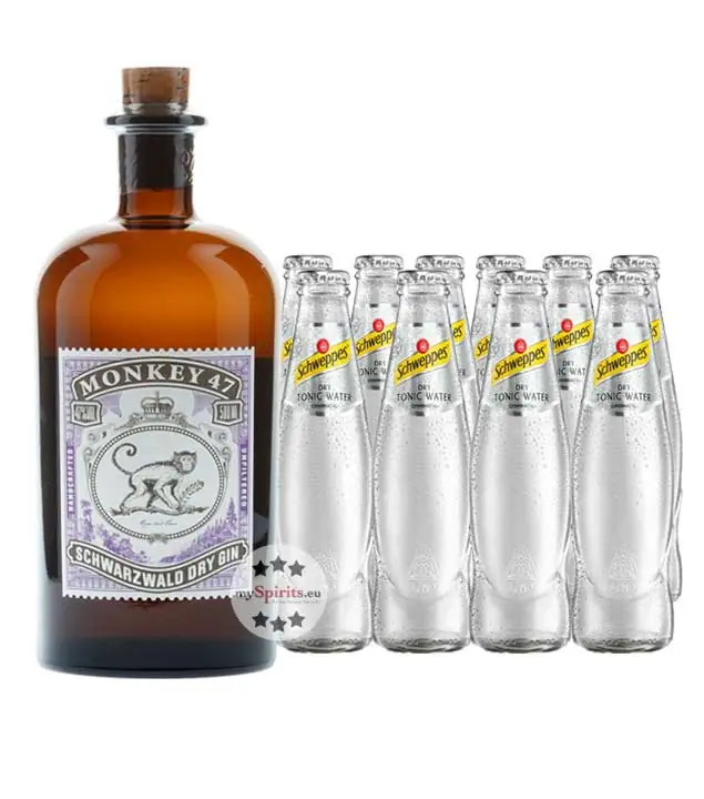 Monkey 47 Dry Gin (47 % vol. / 0,5 Liter) & 10 x Schweppes Dry Tonic Water (0,2 Liter) inkl. 1,00 € Pfand
