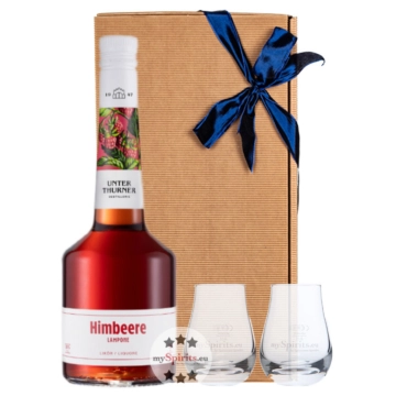 Unterthurner Geschenkset: Waldhimbeere Hauslikör Lampone (28 % vol. / 0,7 L) + 2 x kleines mySpirits-Nosingglas in Geschenkbox
