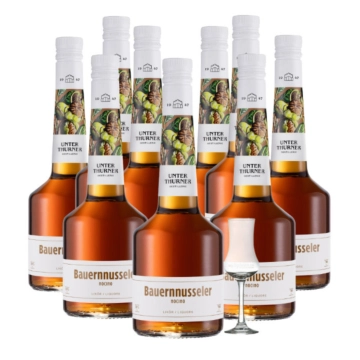 9 x Unterthurner Bauernnusseler Nocino / 39 % Vol. / 9 x 0,7 Liter-Flaschen + 1 x gratis mySpirits-Schnapskelch