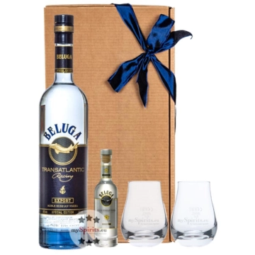 Vodka Geschenkset: Beluga Transatlantic Vodka (40 % Vol. / 0,7 L) + Beluga Noble Russian Vodka Miniatur (40 % Vol. / 0,05 L) + 2 kleine mySpirits Nosing-Gläser in Geschenkbox