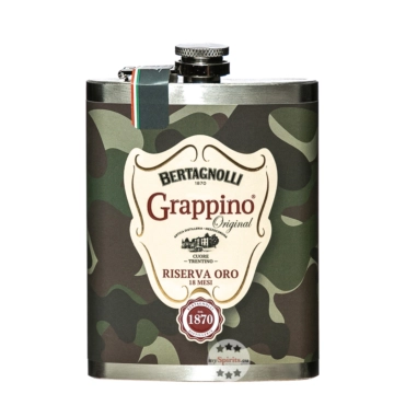 Bertagnolli Flachmann Grappino Riserva Oro Camouflage / 38 % vol / 0,2 Liter-Flasche aus Edelstahl