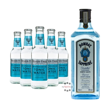 Bombay Sapphire London Dry Gin (40% Vol., 1,0 L) & 5 x Fever-Tree Mediterranean Tonic Water (0,2 L) inkl. 0,75 € Pfand