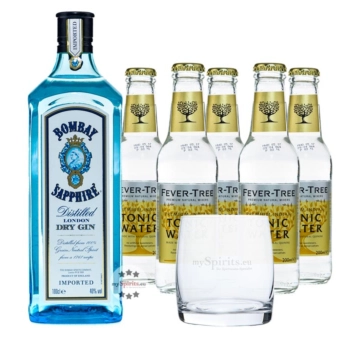 Bombay Sapphire Gin (40 % Vol., 0,7 L) & 5x Fever-Tree Tonic Water 0,2 L inkl. 0,75 € Pfand + 1 Glas