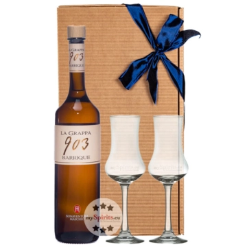 Geschenk-Set: Bonaventura Maschio Grappa 903 Barrique (40 % Vol. / 0,7 L) + 2 x mySpirits Schnapskelch in Geschenkbox