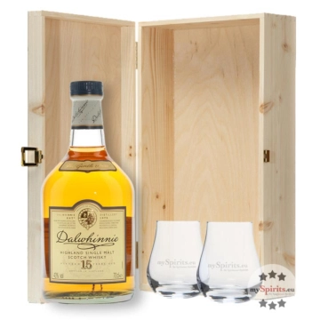 Geschenkset Dalwhinnie 15 Jahre Whisky (43 % Vol. / 0,7 l) mit zwei Nosing-Gläsern in Holzschatulle