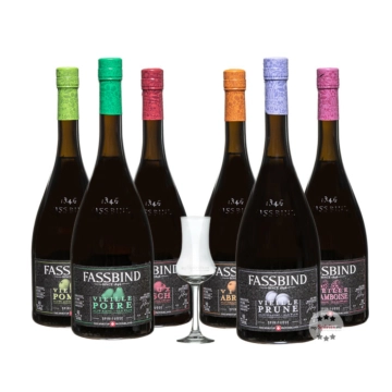 Fassbind: Sechserpack gemischte Sorten / 40 % Vol. / 6 x 0,7 Liter + mySpirits Schnapskelch