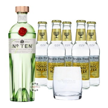 Tanqueray No. 10 Gin (47,3 % Vol., 0,7 L) & 5 x Fever-Tree Tonic (0,2 L) inkl. 0,75 &euro; Pfand + 1 Glas