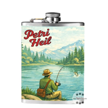 Angler Flachmann "Petri Heil" mit Prinz Alte Marille / 41 % vol / 0,2 Liter-Flasche aus Edelstahl