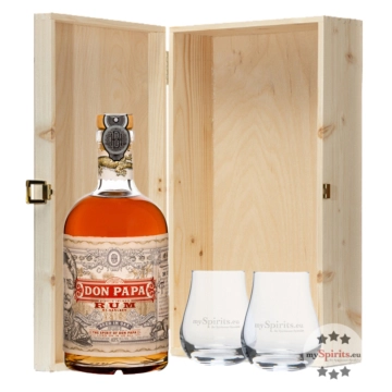 Geschenkbox Don Papa Rum (40 % Vol. / 0,7 l) mit zwei Nosing-Gläsern in Holzschatulle