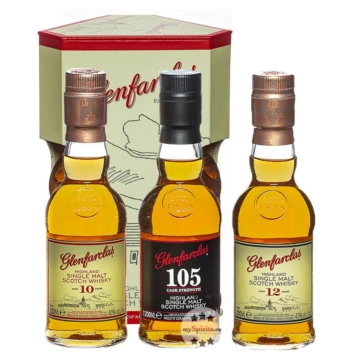 Glenfarclas Miniaturenset 10 YO, 12 YO, 105° Probierset / 40 – 60 % Vol. / 3 x 0,2 Liter-Flasche in Deko-Box