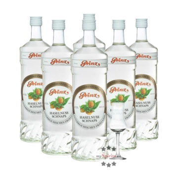 Prinz: Haselnuss-Schnaps Kombi / 40 % Vol. / 6 x 1,0 Liter-Flaschen + 1 x mySpirits-Schnapskelch