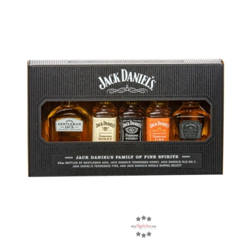 Jack Daniel's &bdquo;Family of Fine Spirits&ldquo; Whiskey-Miniaturen-Probierset / 35 &ndash; 45 % vol / 5 x 0,05 Liter in Box
