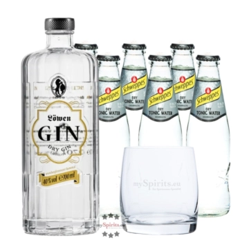 L&ouml;wen Dry Gin (40 % vol. / 0,7 Liter) & 6 x Schweppes Dry Tonic Water (0,2 Liter) inkl. 0,60 &euro; Pfand + 1 mySpirits Tumbler Glas