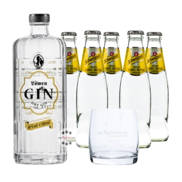 Löwen Dry Gin (40% Vol., 0,7 L) & 5 x Schweppes Indian Tonic Water (0,2 L) inkl. 0,50€ Pfand