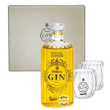 Löwen: Geschenkset Leo Nobile Gin mit 2 Gläsern / 40 % Vol. / 0,35 Liter-Flasche in Geschenkbox