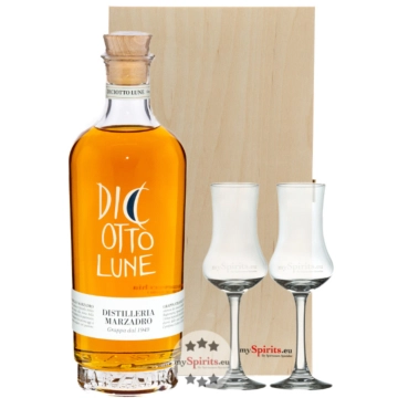 Marzadro Geschenk-Set Grappa Stravecchia Le Diciotto Lune / 41 % vol / 0,7 l & 2 Kelch-Gläser in Holzkiste