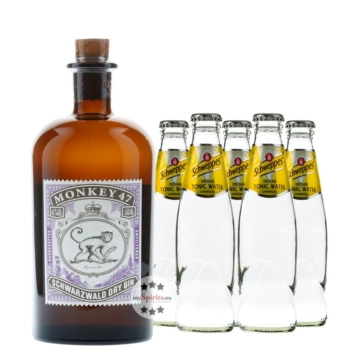 Monkey 47 Dry Gin (47% Vol., 0,5 L) & 5 x Schweppes Indian Tonic Water (0,2 L) inkl. 0,50 € Pfand
