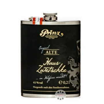 Prinz Flachmann Alte Haus-Zwetschke im Holzfass gereift / 41 % Vol. / 0,2 Liter-Flasche aus Edelstahl