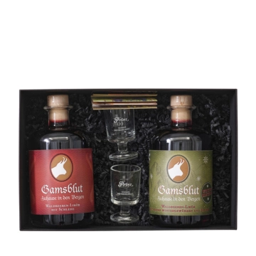 Prinz Geschenk-Set "Gamsblut Duo" / 23 % Vol. / 2 x 0,5 Liter-Flasche & 2 x Hüttenglas