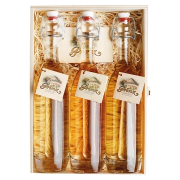 Prinz Geschenk Set Altes Trio - Prinz Alte Sorten (Williams, Marille & Wald-Himbeere) / 41 % vol. / 3*0,2 Liter Flasche in Holzkiste