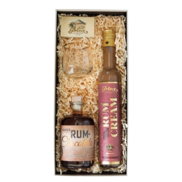 Prinz Geschenkset Rum-Gestöber: Rum-Chocolate & Rum-Cream Likör / 17 & 40 % vol / 2 x 0,5l + Likör Tumbler in Box