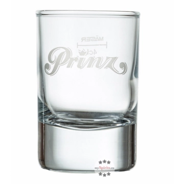 Prinz: Original Schnaps Glas - Stamperl mit Eichstrichen 0,04 und 0,02 mit Prinz-Logo in Weiß