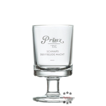 Prinz: Original Schnapsglas "Stamperl" mit Stiel klein - weißer Schriftzug / 2cl Eichstrich / Ø ca. 3,5 cm / H: ca. 7 cm
