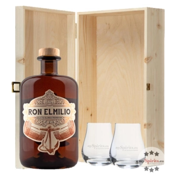 Ron Elmilio Rum-Geschenkset mit 2 Nosing-Gl&auml;sern in Holzkiste / 40 % Vol. / 0,7 L + 2 x Nosing-Glas
