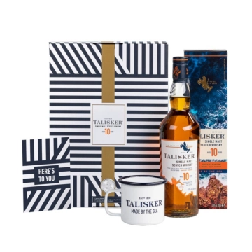 Talisker 10 Years Whisky Geschenkset mit Emaille-Tasse & Grußkarte / 45,8 % Vol. / 0,7 Liter-Flasche in Geschenkbox