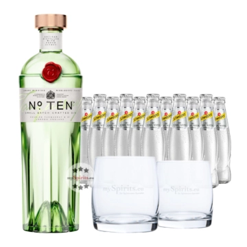 Tanqueray No.10 Gin (47,3 % vol. / 0,7 Liter) & 11 x Schweppes Dry Tonic Water (0,2 Liter) inkl. 1,10 € Pfand + 2 Tumbler Gläser