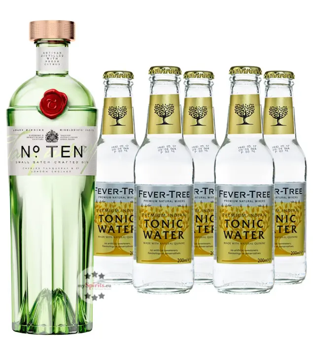 Tanqueray No. 10 Ten Gin (47,3 % Vol., 0,7 L) & 5 x Fever-Tree Premium Indian Tonic Water (0,2 L)  inkl. 0,75 € Pfand