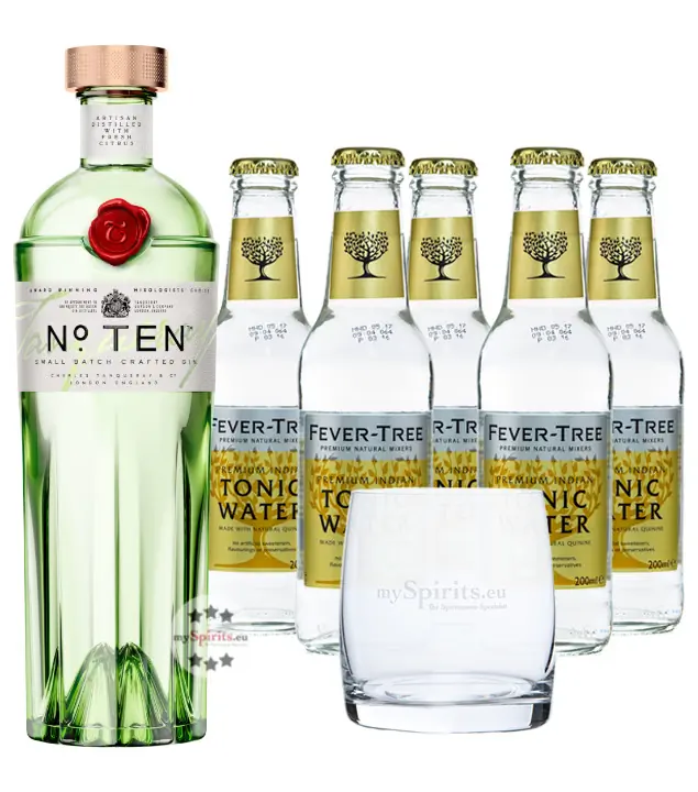 Tanqueray No. 10 Gin (47,3 % Vol., 0,7 L) & 5 x Fever-Tree Tonic (0,2 L) inkl. 0,75 € Pfand + 1 Glas