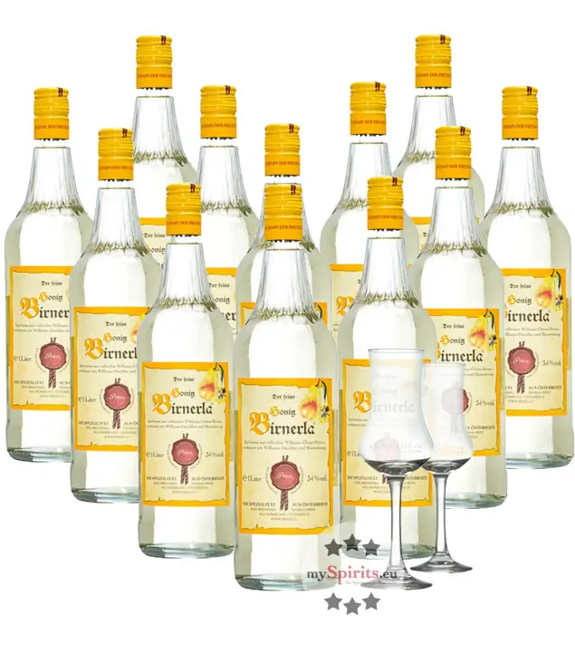 12 x Prinz Honig Birnerla / 34 % Vol. / 12 x 1,0 Liter-Flasche + 2 x gratis mySpirits-Schnapskelch
