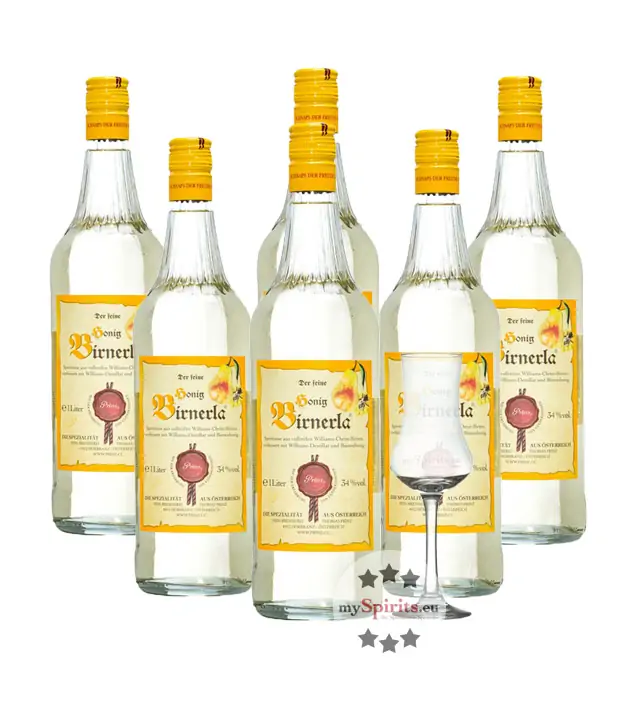 6 x Prinz: Honig Birnerla / 34 % Vol. / 6 x 1,0 Liter-Flasche + 1 x gratis mySpirits-Schnapskelch