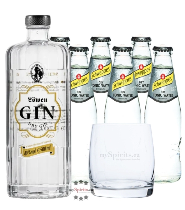 Löwen Dry Gin (40 % vol. / 0,7 Liter) & 6 x Schweppes Dry Tonic Water (0,2 Liter) inkl. 0,60 € Pfand + 1 mySpirits Tumbler Glas