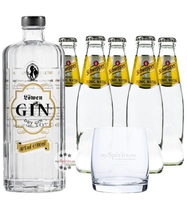 Löwen Dry Gin (40% Vol., 0,7 L) & 5 x Schweppes Indian Tonic Water (0,2 L) inkl. 0,50€ Pfand