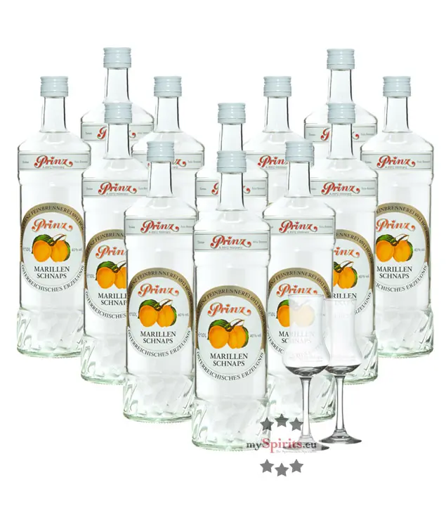 12 x Prinz Marillen-Schnaps / 40 % Vol. / 12 x 1,0 Liter-Flaschen + 2 x gratis mySpirits-Schnapskelch