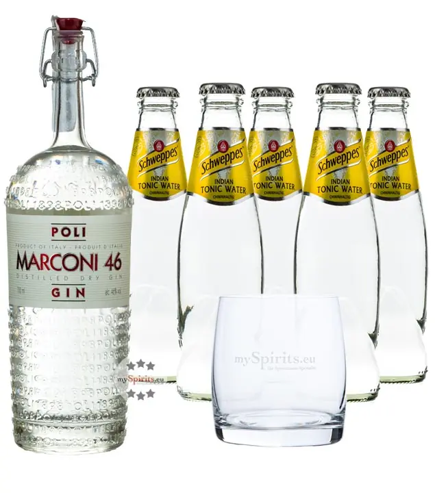 Poli Marconi 46 Gin (46% Vol., 0,7 L) & 5 x Schweppes Indian Tonic Water (0,2 L) + 1 Tumbler inkl. 0,50€ Pfand