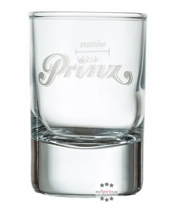 Prinz: Original Schnaps Glas - Stamperl mit Eichstrichen 0,04 und 0,02 mit Prinz-Logo in Weiß