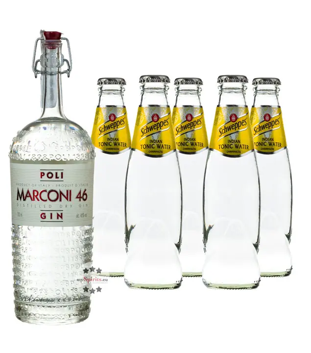 Poli Marconi 46 Gin (46% Vol., 0,7 L) & 5 x Schweppes Indian Tonic Water (0,2 L) inkl. 0,50€ Pfand