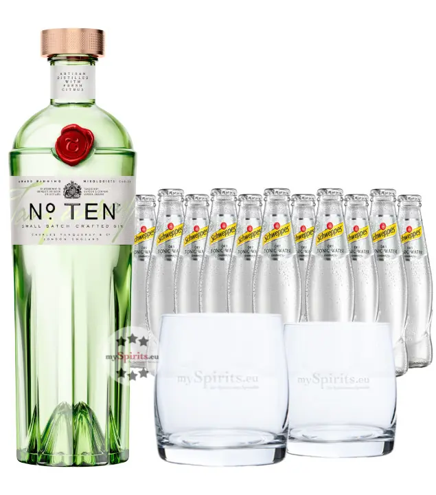 Tanqueray No.10 Gin (47,3 % vol. / 0,7 Liter) & 11 x Schweppes Dry Tonic Water (0,2 Liter) inkl. 1,10 € Pfand + 2 Tumbler Gläser