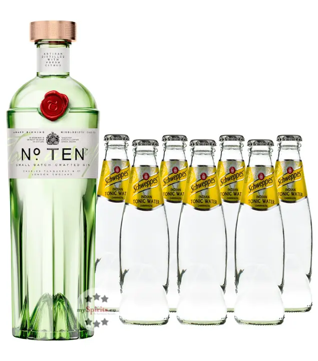 Tanqueray No. 10 Gin (47,3% Vol., 0,7 L) & 7 x Schweppes Indian Tonic (0,2 L) inkl. 0,70 € Pfand