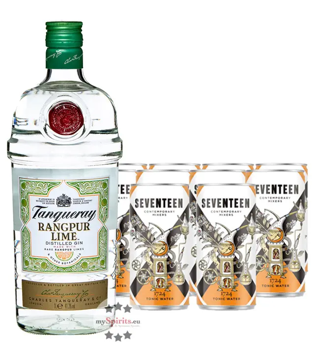 Gin Tonic Set: Tanqueray Gin Rangpur (41,3 % Vol. / 1,0 Liter) + 10 x 1724 Tonic Water (0,2 Liter) inkl. 2,50 € 