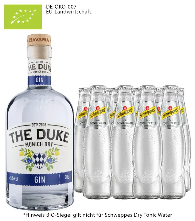 The Duke Gin Bio (45 % vol. / 0,7 Liter) & 10 x Schweppes Dry Tonic Water (0,2 Liter) inkl. 1,00 € Pfand