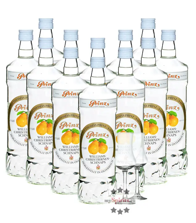 12 x Prinz Williams-Birnen Schnaps / 40 % Vol. / 12 x 1,0 Liter-Flasche + 2 x gratis mySpirits-Schnapskelch